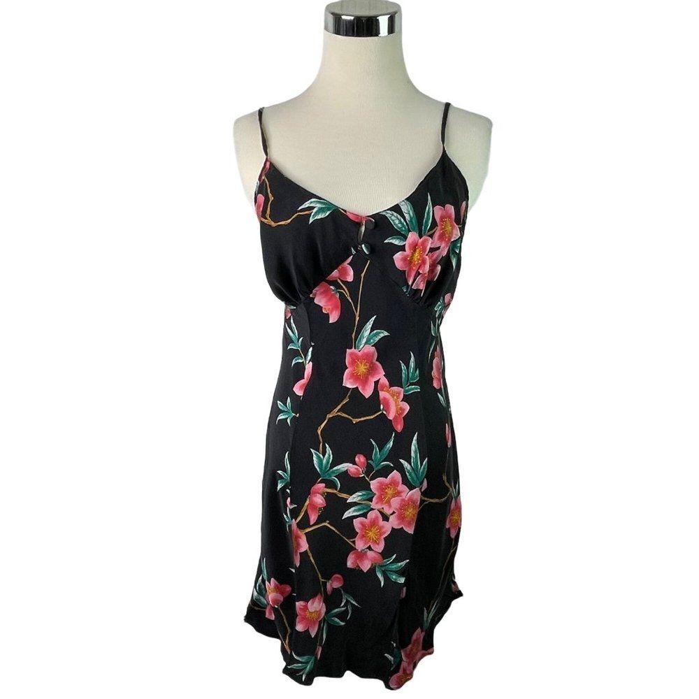 Vintage Victoria's Secret Slip Gown Dress Floral Size M Y2K Black Pink